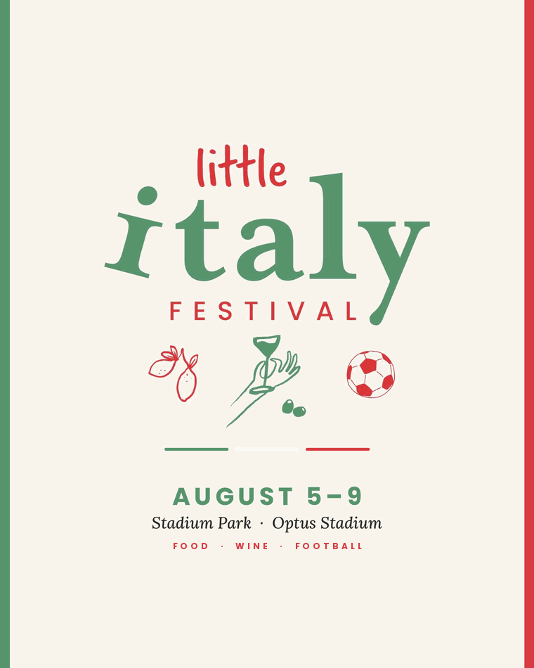 Little Italy Festival 2026 poster: August 5 to 9, Stadium Park, Optus Stadium. Food, wine, football.