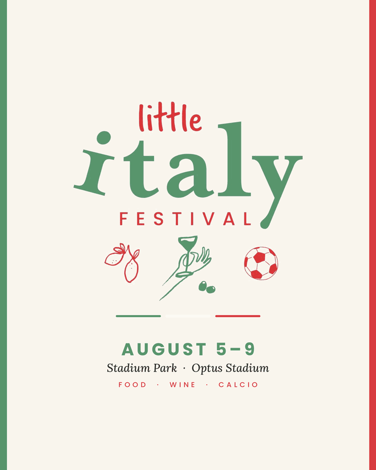Little Italy Festival 2026 poster: August 5 to 9, Stadium Park, Optus Stadium. Food, wine, calcio.